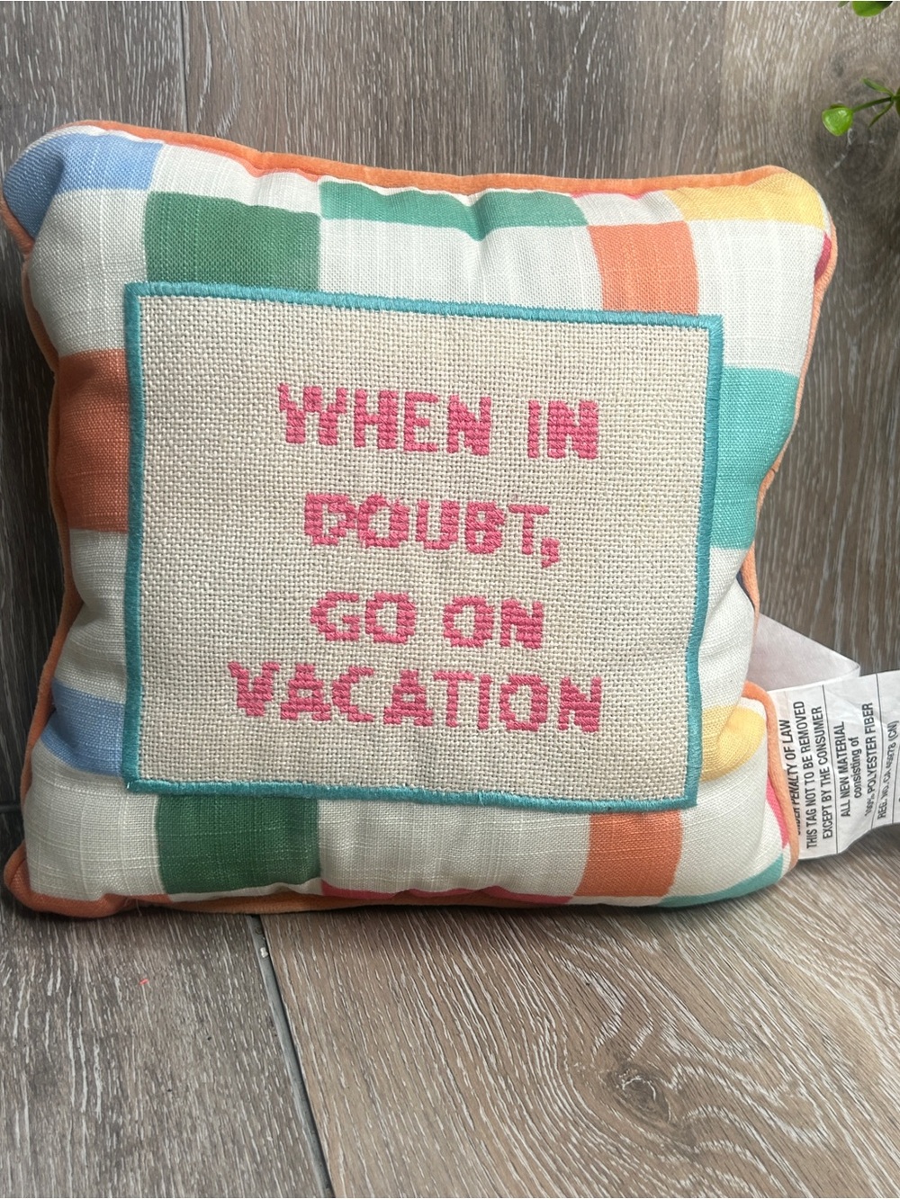 Kirkland’s Colorful Plaid Throw Pillow – “When In Doubt, Go On Vacation”
